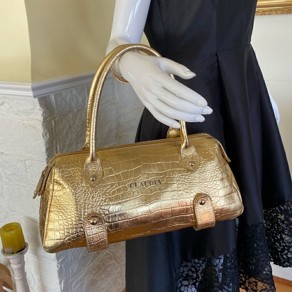 Claudia Firenze Italian Metallic Gold Croc Embossed Dual Handle Satchel Bag